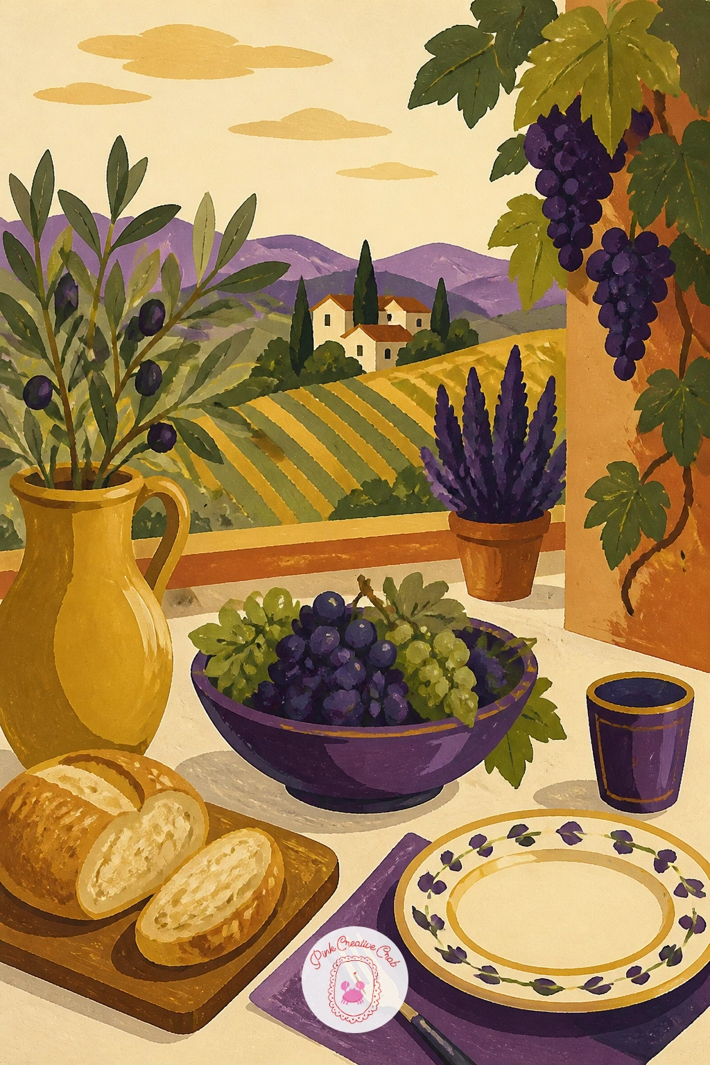 Terrace Lunch in Tuscany With Grapes — Build a fuller outdoor scene with a terrace lunch set among vineyards, plates, bread, and a bowl of grapes on a sunlit