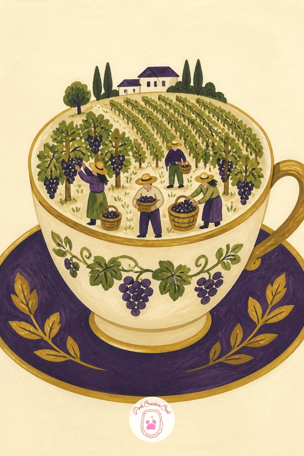 Tiny Grape Harvest in a Teacup — Scale right back down for a playful, small-scale idea: a tiny imagined grape harvest inside a teacup. Grapes drawing