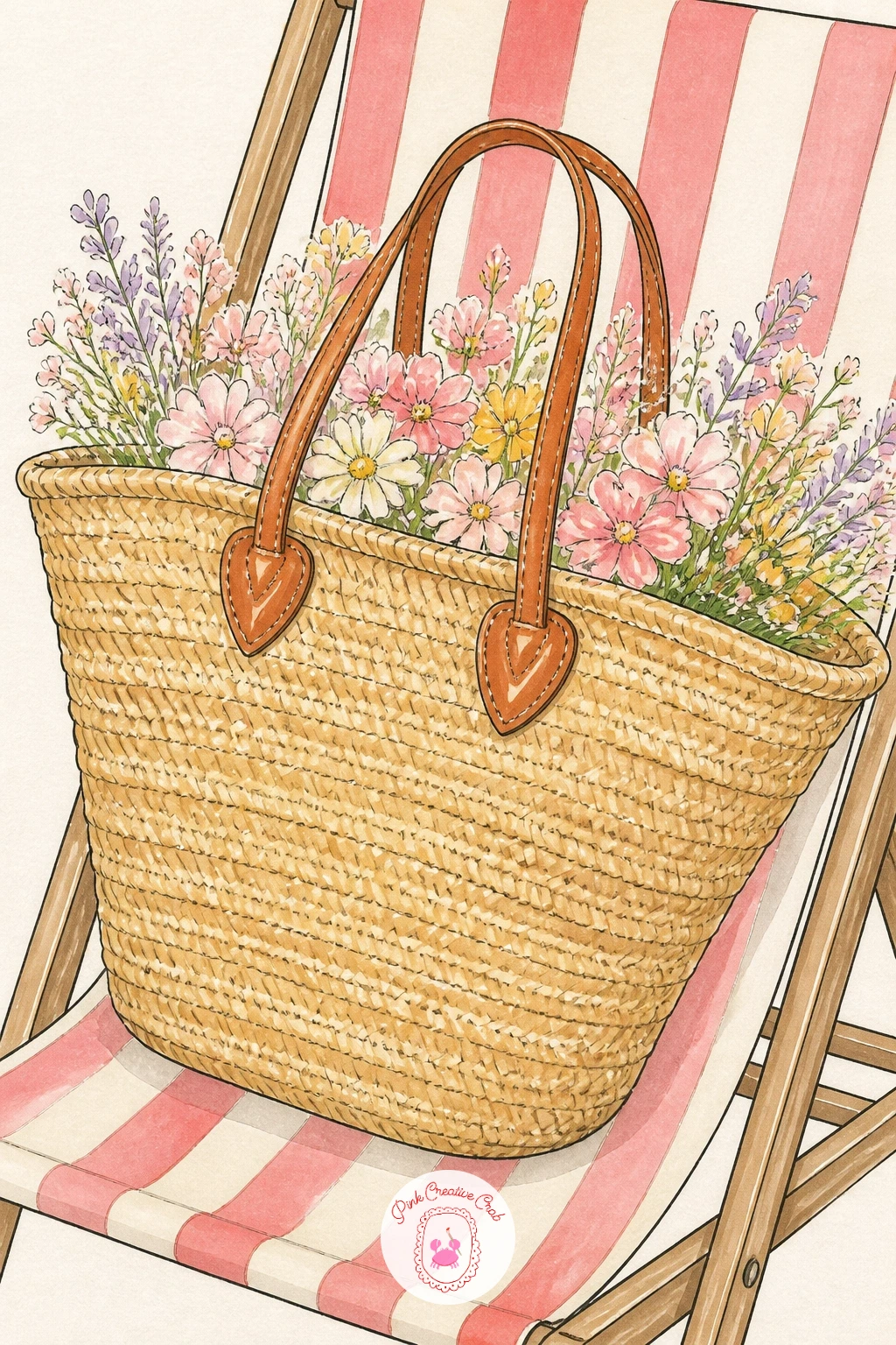 Straw Tote With Flowers — Start the whole set with a straw tote with flowers, since its basket texture is forgiving and the shapes are simple. Handbag drawing