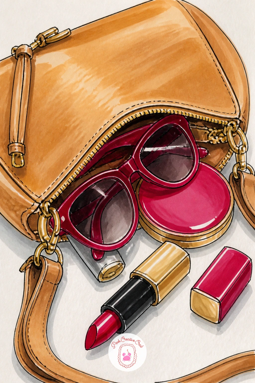 Handbag Spilling Lipstick and Sunglasses — A handbag spilling lipstick and sunglasses is where this list starts getting playful, since now you are drawing a