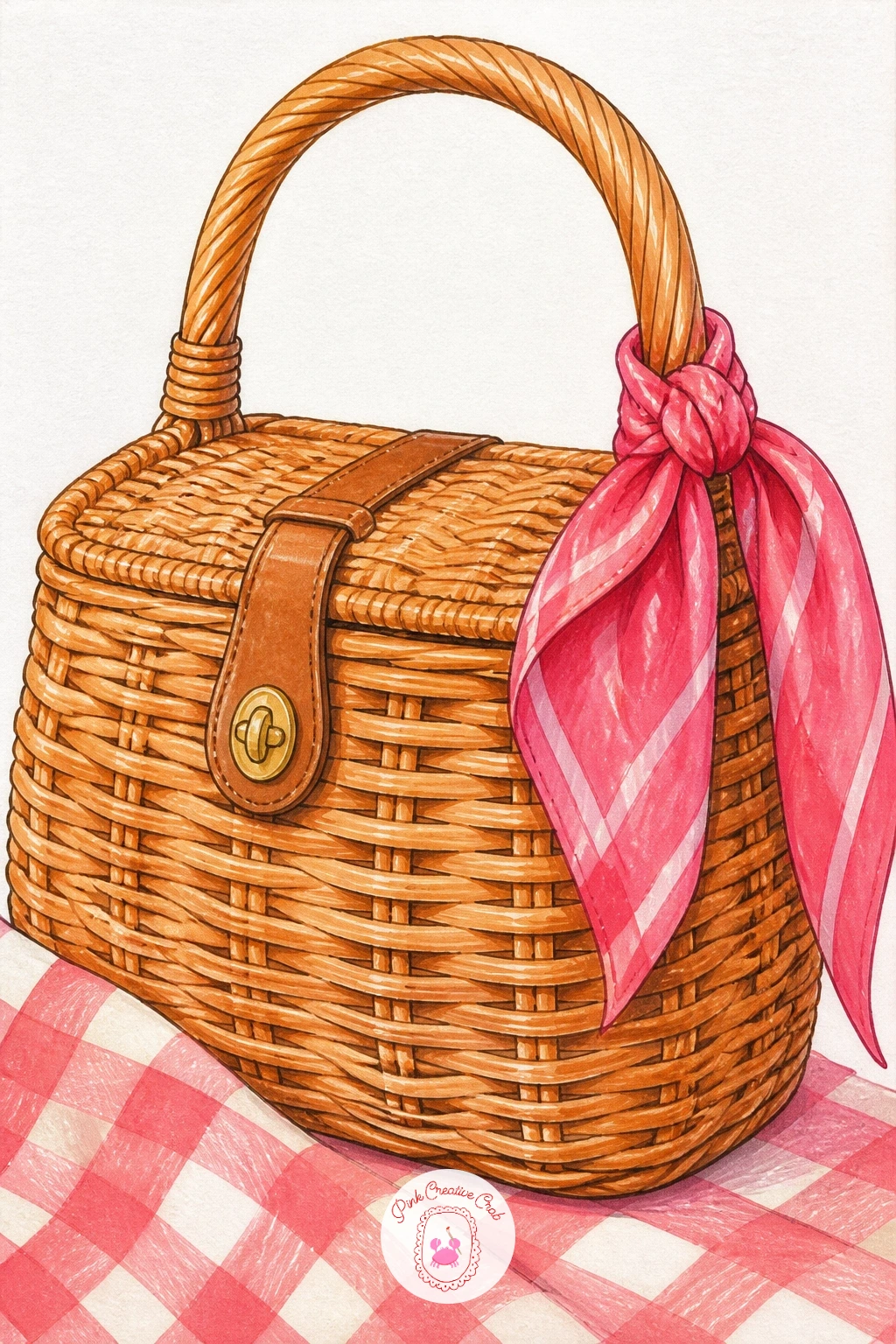Picnic Basket Bag — Bring in a picnic basket bag with a scarf tied on next, a fun subject because the woven texture pairs nicely with a soft fabric accent.