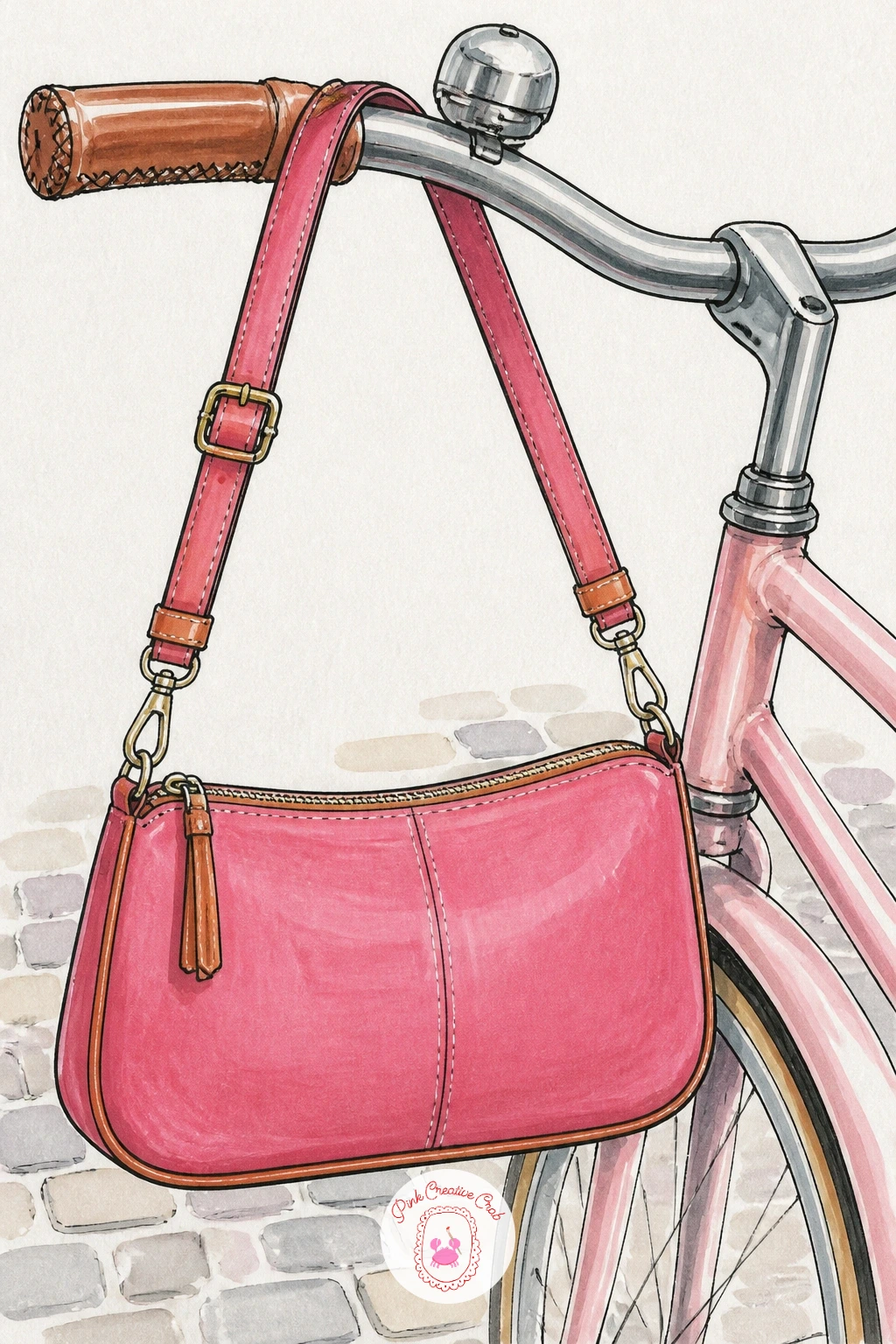 Crossbody Bag on a Bicycle — A crossbody bag on a bicycle handlebar adds a little motion to the series without needing a rider. Handbag drawing