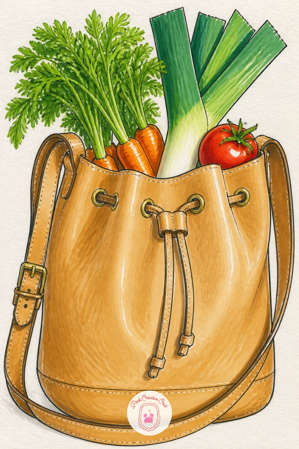 Bucket Bag With Market Vegetables — A bucket bag with fresh market vegetables turns the handbag into a tiny grocery haul, which is a satisfying one to color.