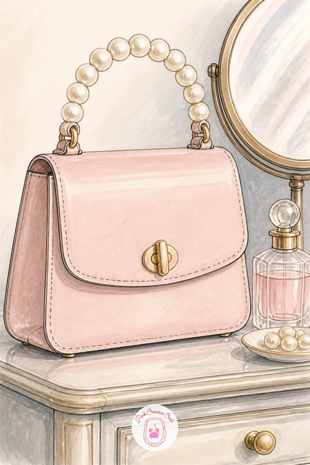 Pearl-Handled Bag on a Vanity — A pearl-handled bag on a vanity brings in a softer, more feminine scene with a little reflective surface to practice. Handbag
