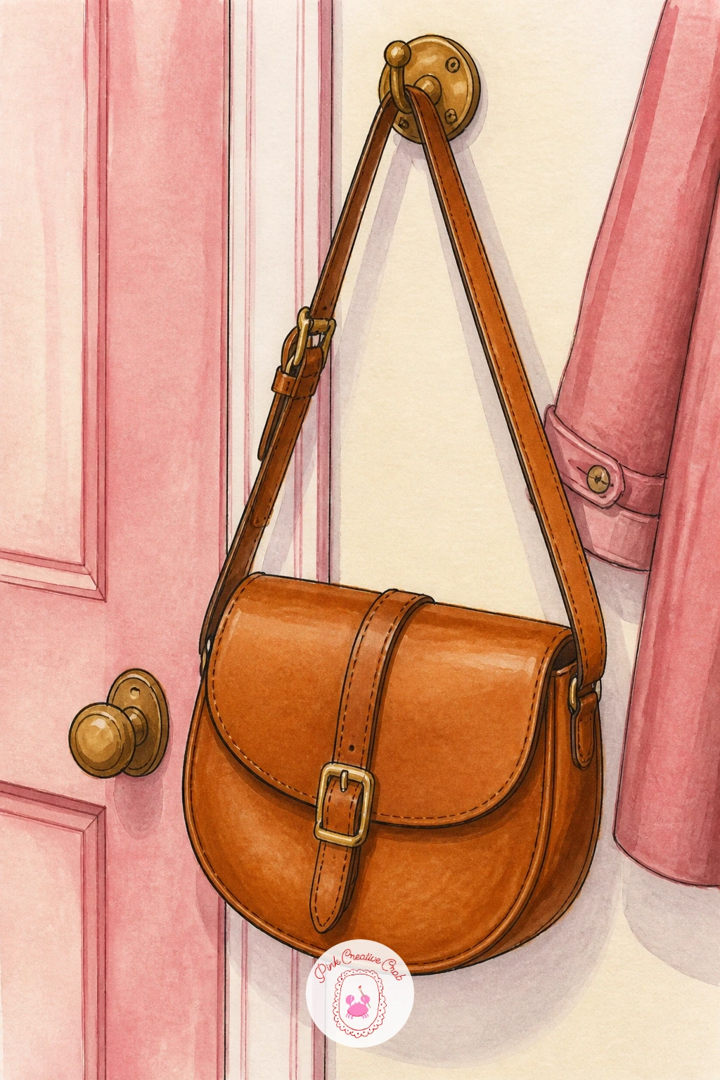Saddle Bag by the Door — A saddle bag on a hook by the door keeps things simple again after that window scene. Handbag drawing