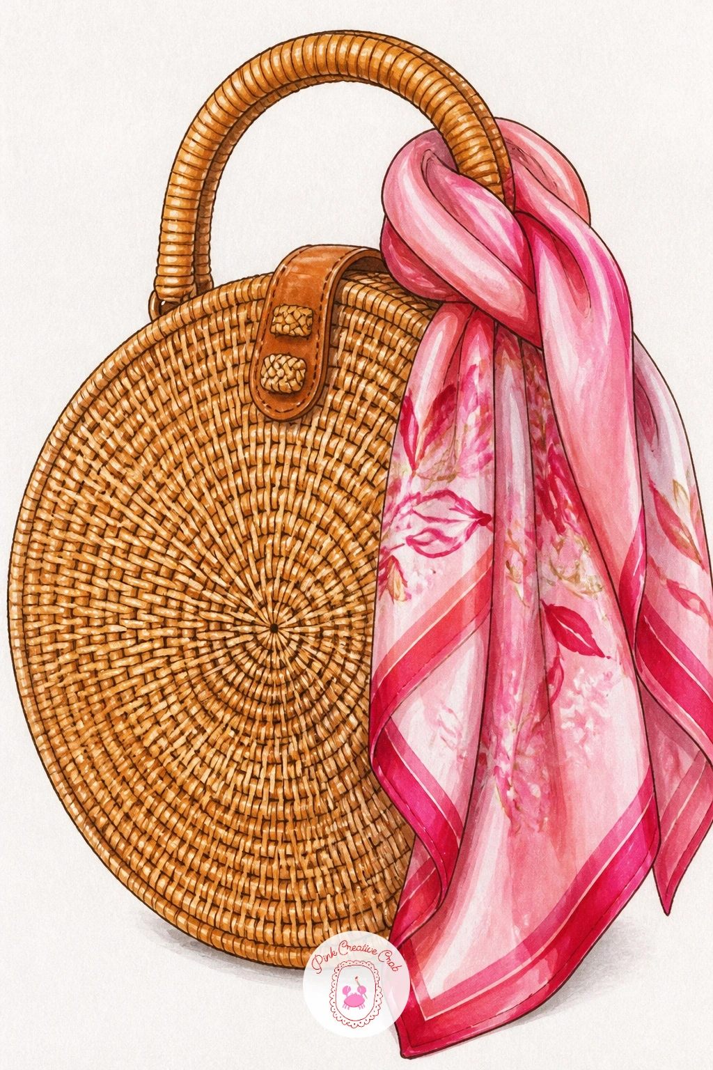 Woven Rattan Bag With a Silk Scarf — A woven rattan bag with a silk scarf pairs rigid texture against soft, flowing fabric, a nice contrast exercise. Handbag