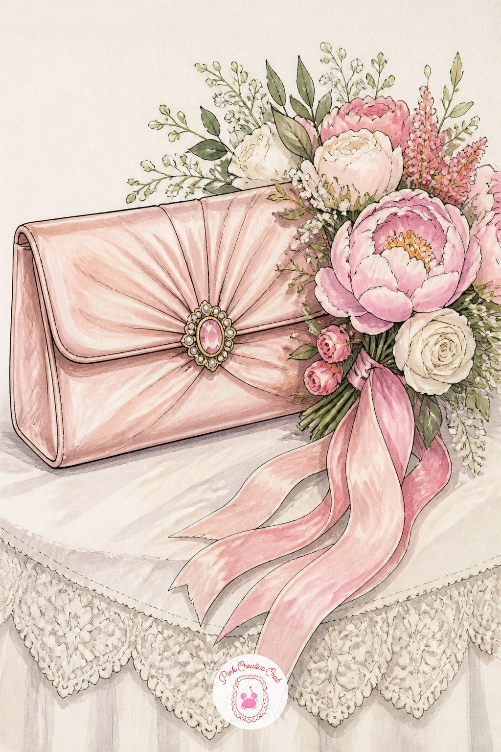 Clutch With a Wedding Bouquet — A clutch with a bouquet on a wedding table brings a celebratory moment into the series. Handbag drawing