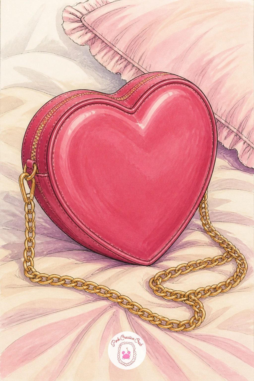 Heart-Shaped Bag on a Bed — A heart-shaped bag on a bed is a fun, slightly playful subject that is pure fun to color in your cherry pink accent. Handbag drawing