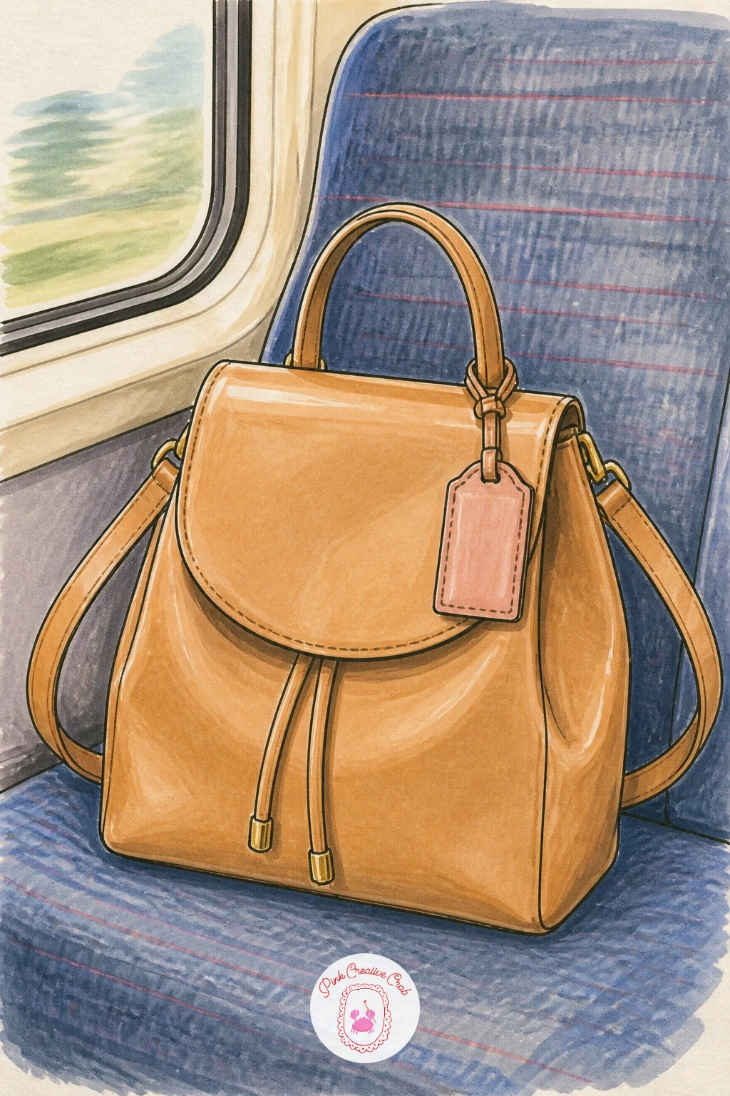 Backpack-Purse on a Train Seat — A backpack-purse on a train seat moves the series into travel territory. Handbag drawing