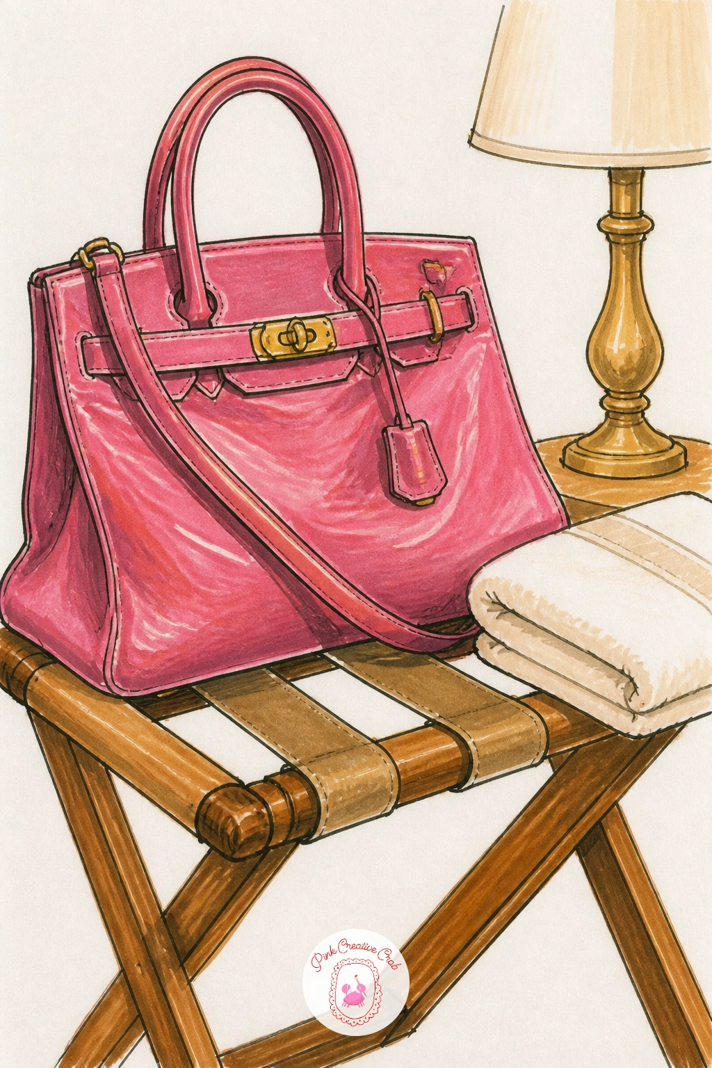 Handbag on a Hotel Luggage Rack — A handbag on a hotel luggage rack keeps the travel theme going with a slightly more structural subject. Handbag drawing