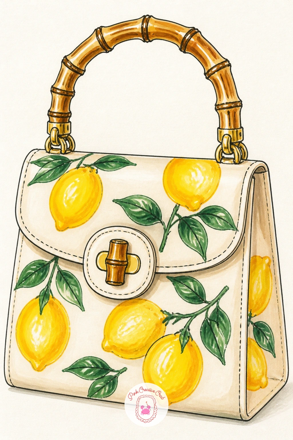 Bamboo Handle Bag With Lemons — A bamboo handle bag with a lemon pattern is a cheerful, sunny subject that rewards confident pattern work. Handbag drawing