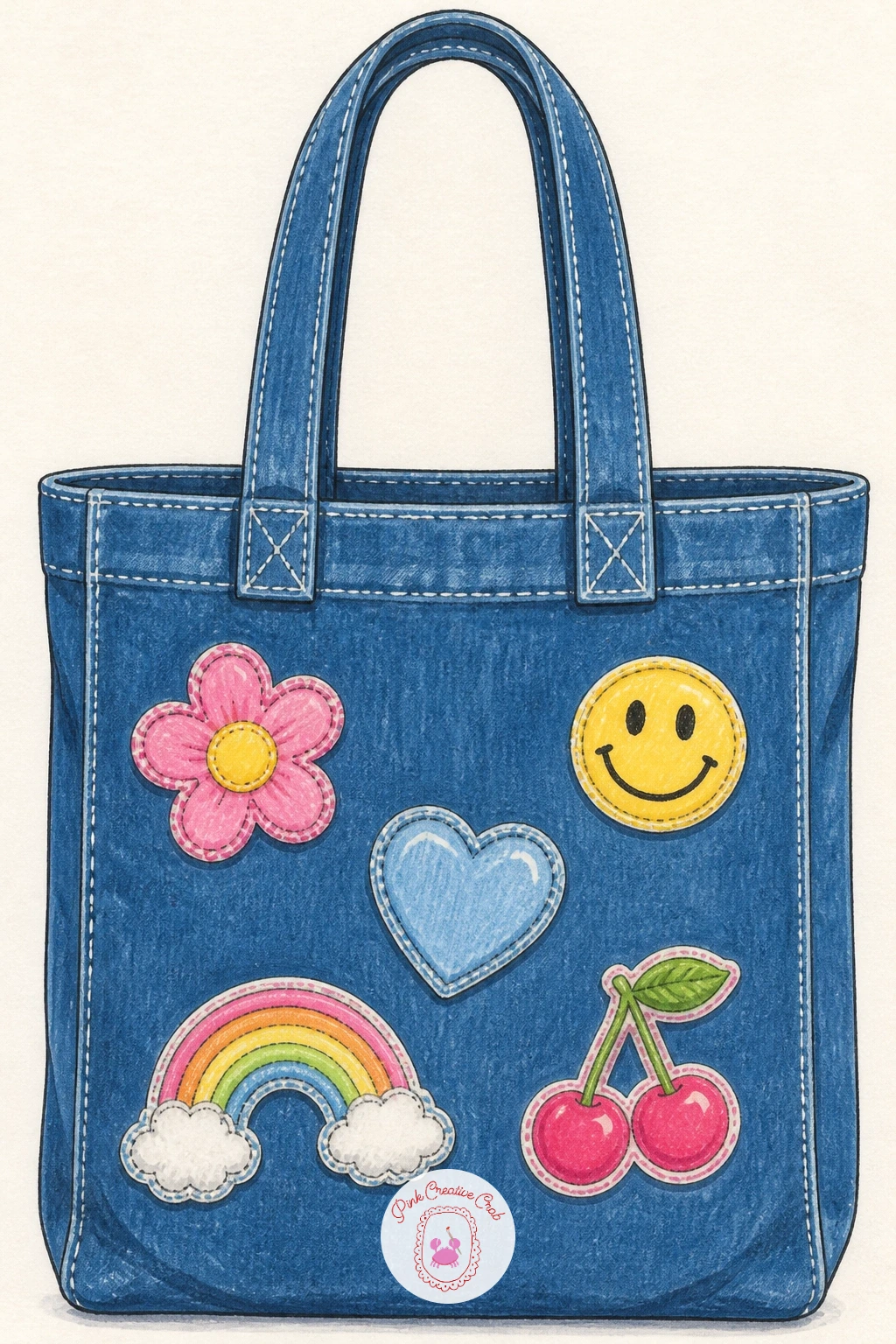 Denim Tote With Patches — A denim tote with patches is a nice casual contrast after all that suede and leather. Handbag drawing