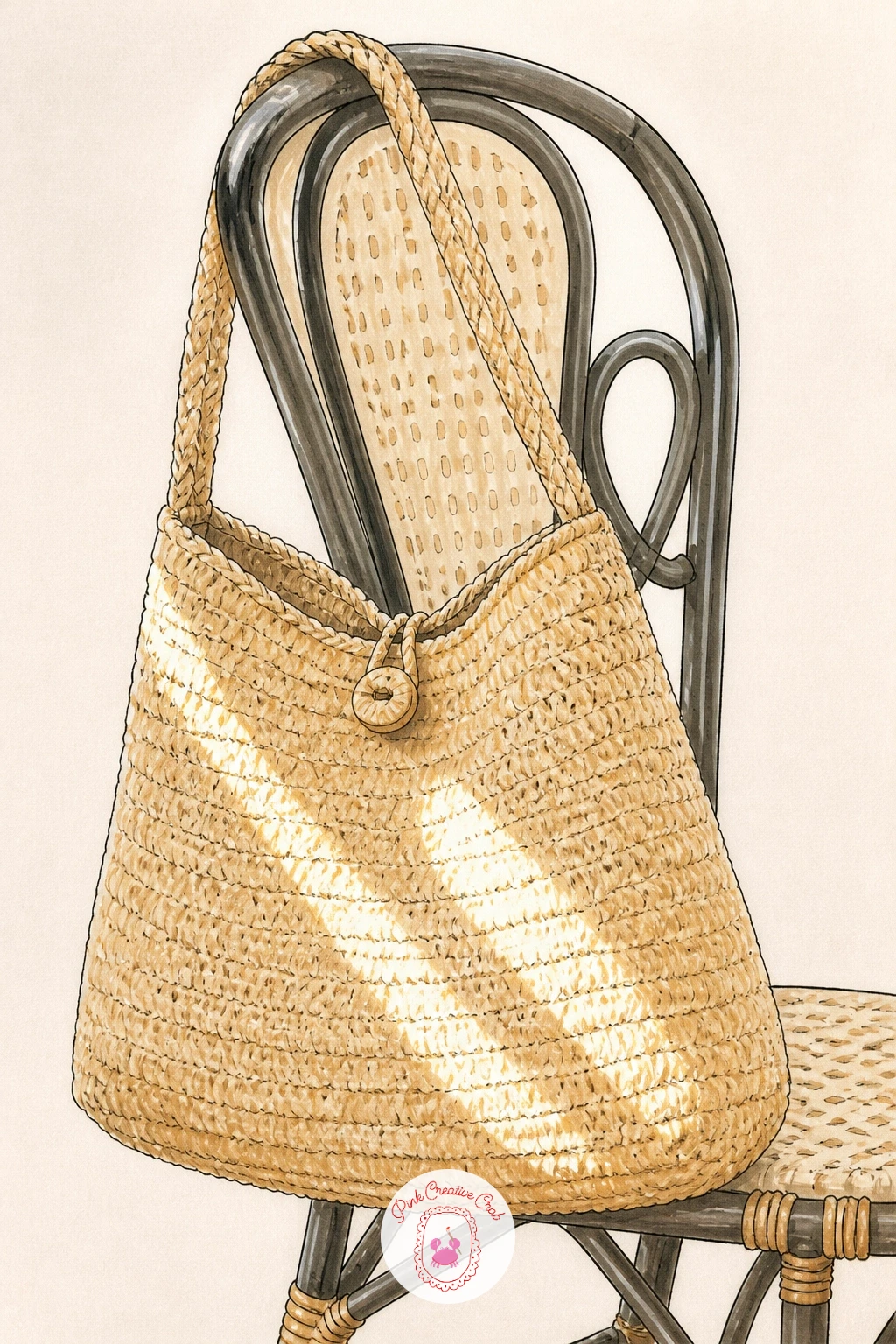 Raffia Bag on a Cafe Chair — A raffia bag hanging on a sunny cafe chair closes out the woven-texture family of bags on this list. Handbag drawing