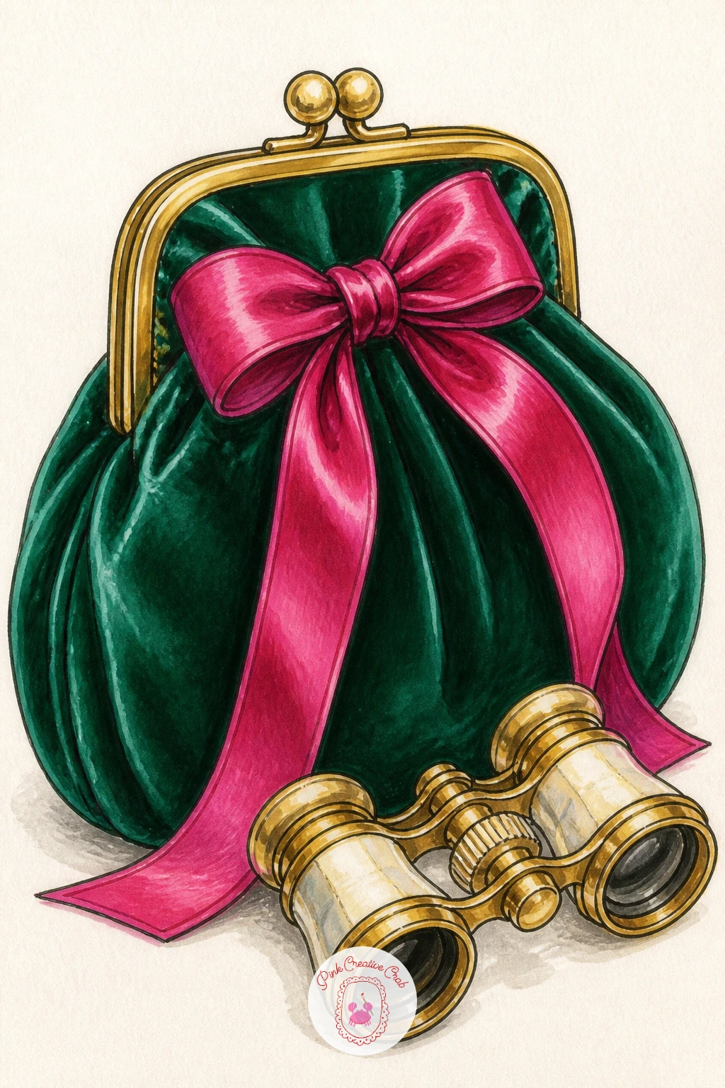 Velvet Evening Bag Beside Opera Glasses — Close the whole series with a velvet evening bag beside opera glasses, a small, glamorous still life to finish on.