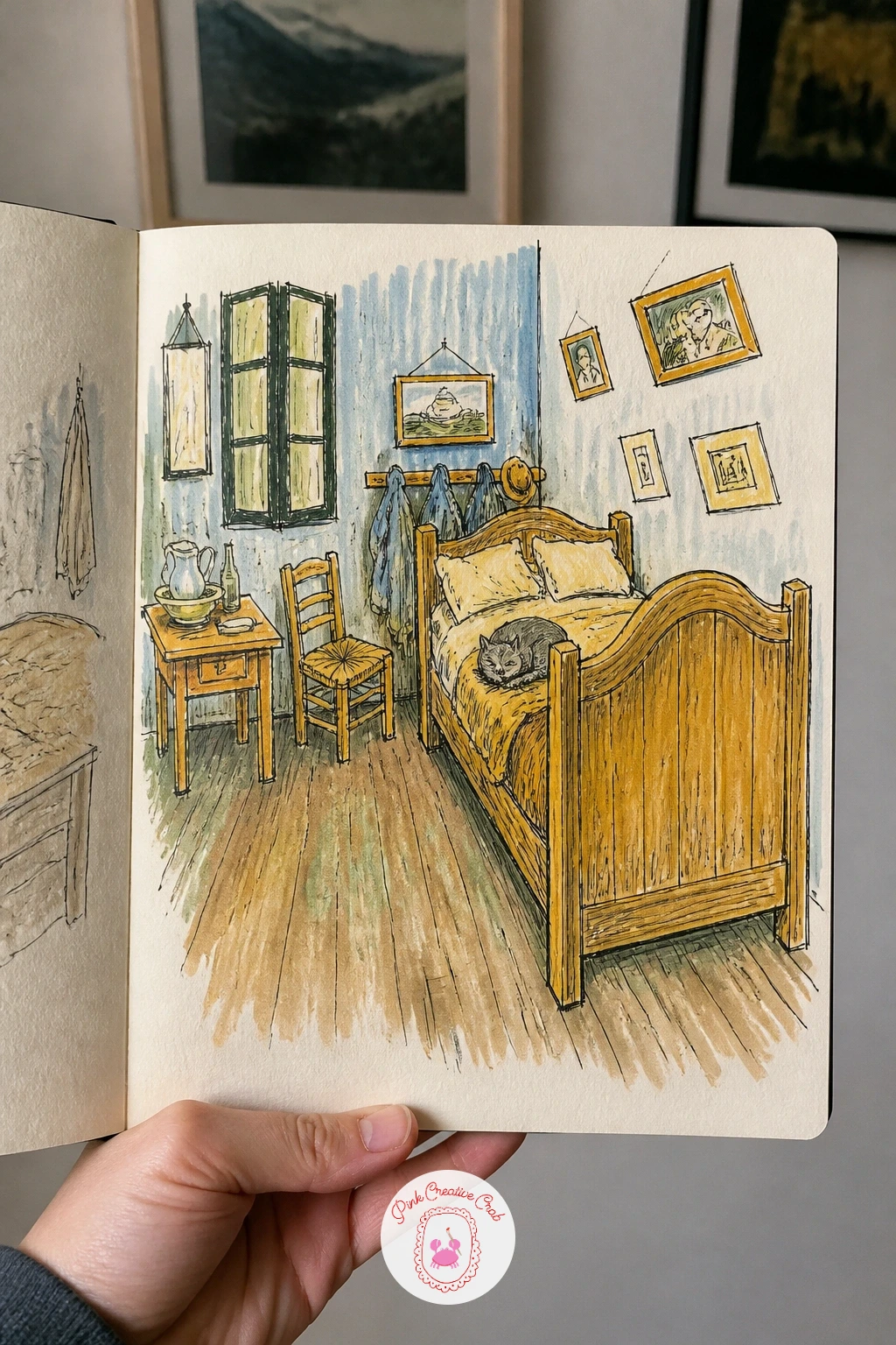 Van Gogh Bedroom With Sleeping Cat — Start with Van Gogh's bedroom, because its tilted perspective and chunky furniture forgive a wobbly line better than