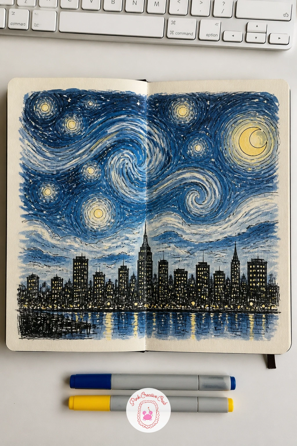 Starry Night Over a City Skyline — Swap Van Gogh's hilltop village for a skyline of tall rectangles, and the swirling sky from The Starry Night still does all