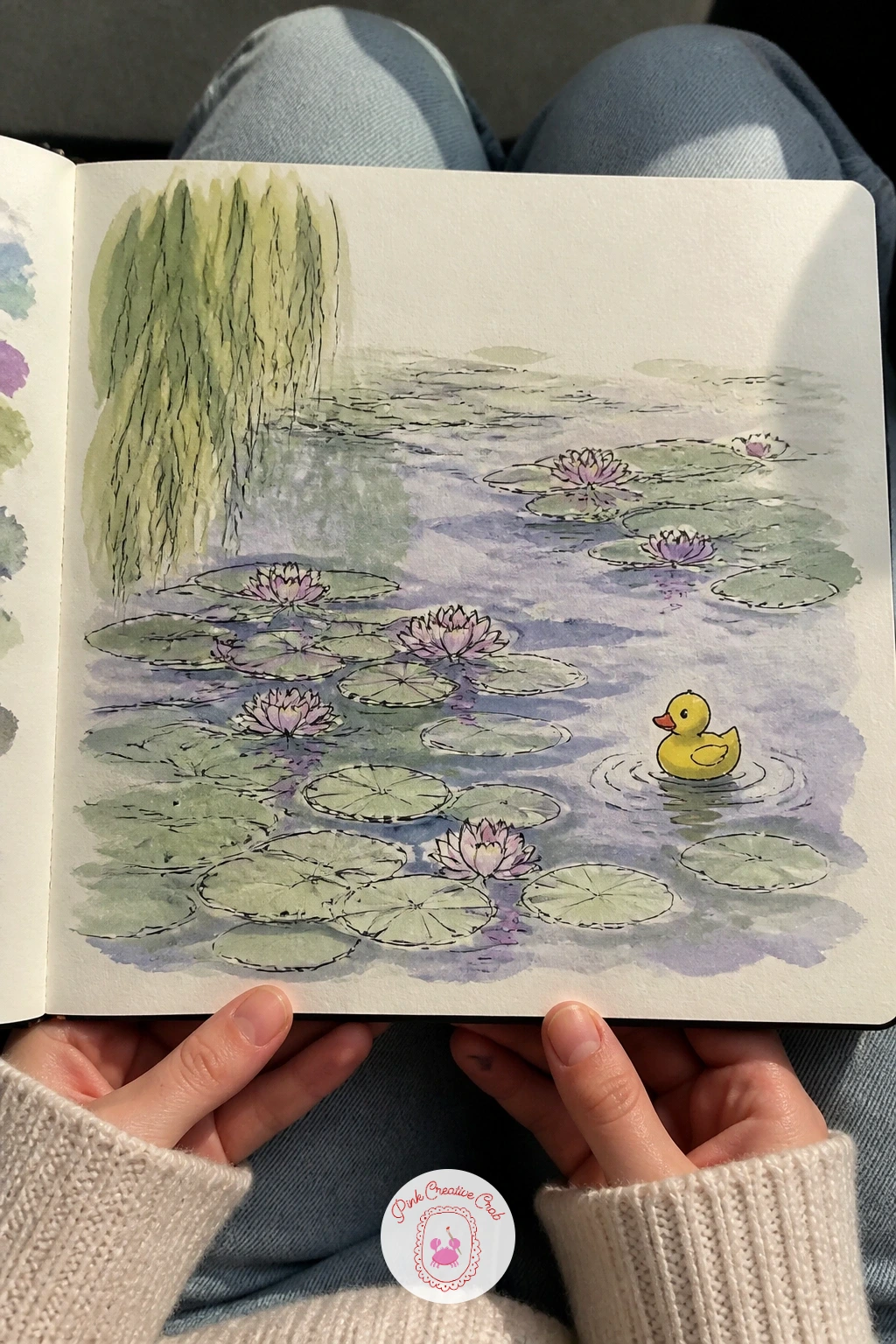 Monet's Water Lilies With a Rubber Duck — Monet's water lilies forgive almost any brush wobble, which makes this the page to loosen your wrist after the tight