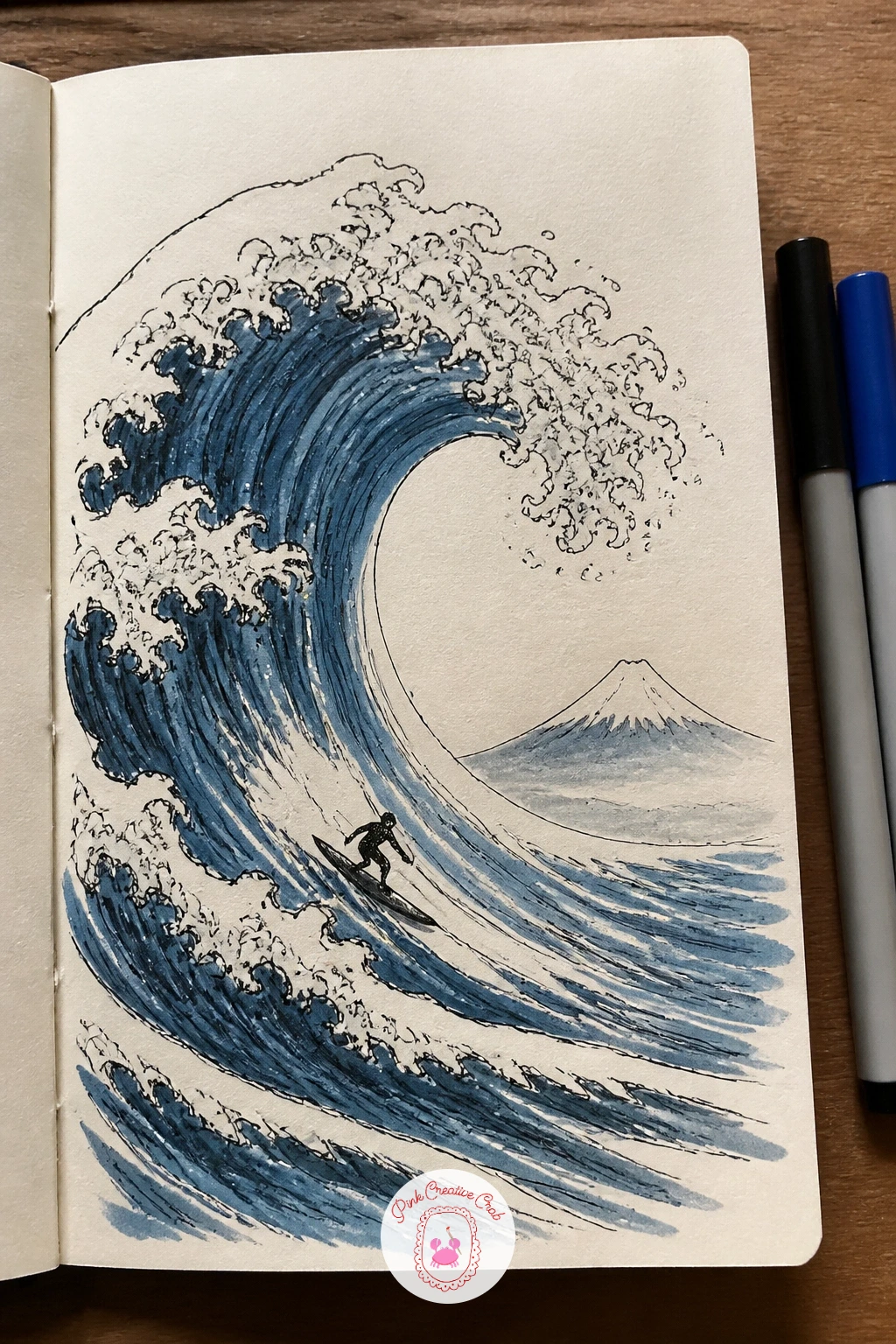 The Great Wave With a Surfer — The Great Wave gives you one dramatic curling shape to get right, so draw that first: a long claw-like crest arcing over the