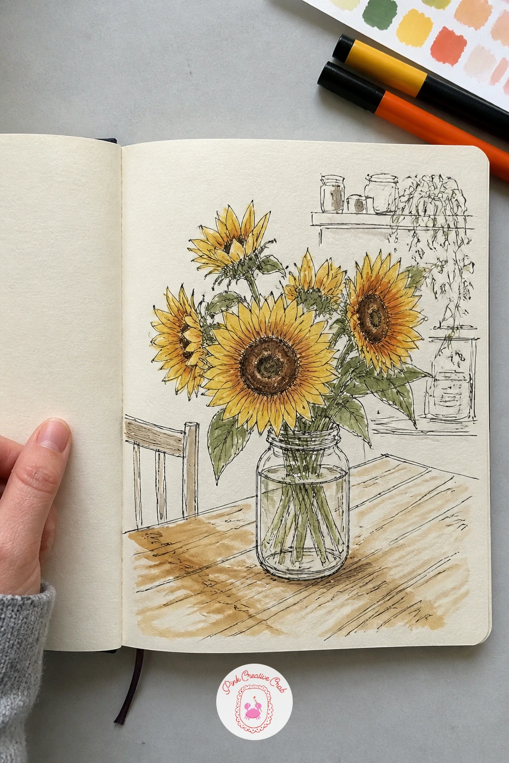 Sunflowers in a Jam Jar on a Kitchen Table — Trade Van Gogh's grand vase for a humble jam jar, which actually makes the sunflowers easier to draw since the