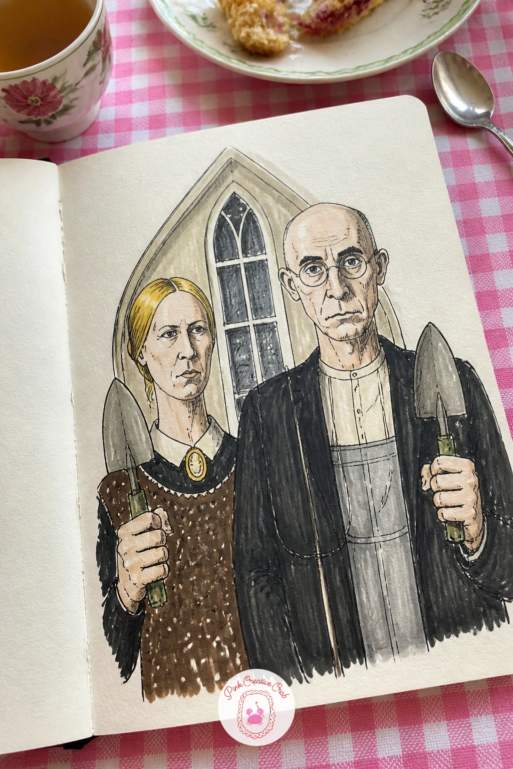 American Gothic Holding Garden Trowels — American Gothic is really just two stern faces and a pitchfork, so after the flowing Venus curve this page is a good