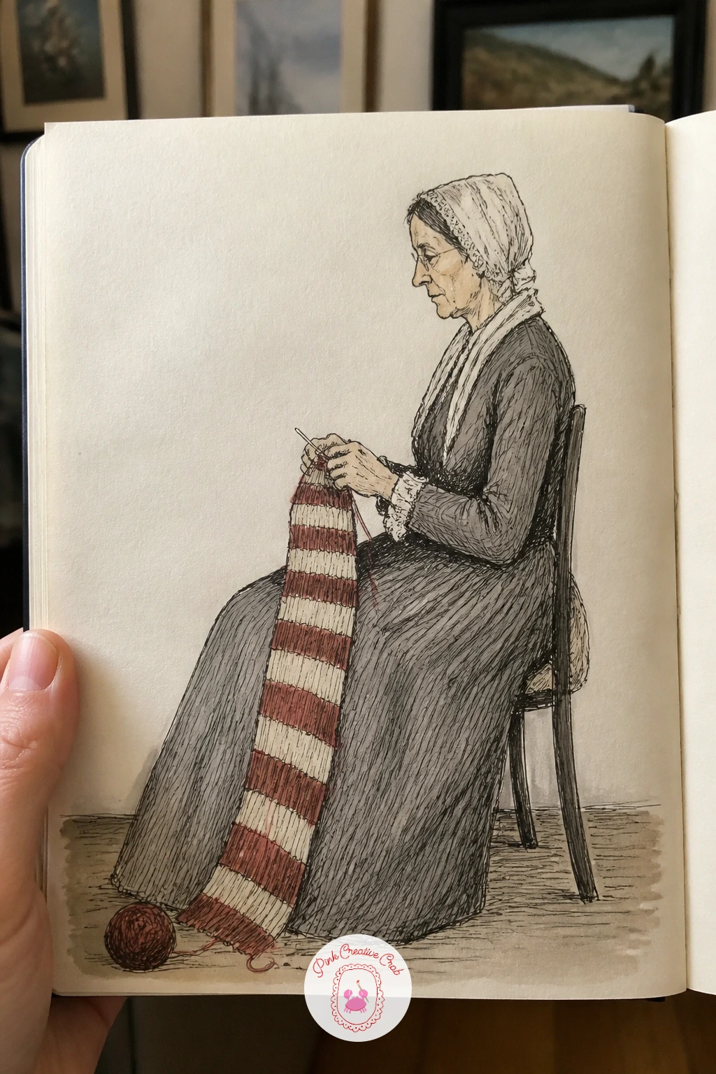 Whistler's Mother Knitting a Scarf — Whistler's seated mother already has a calm, upright pose, so give her a scarf and some knitting needles and the twist