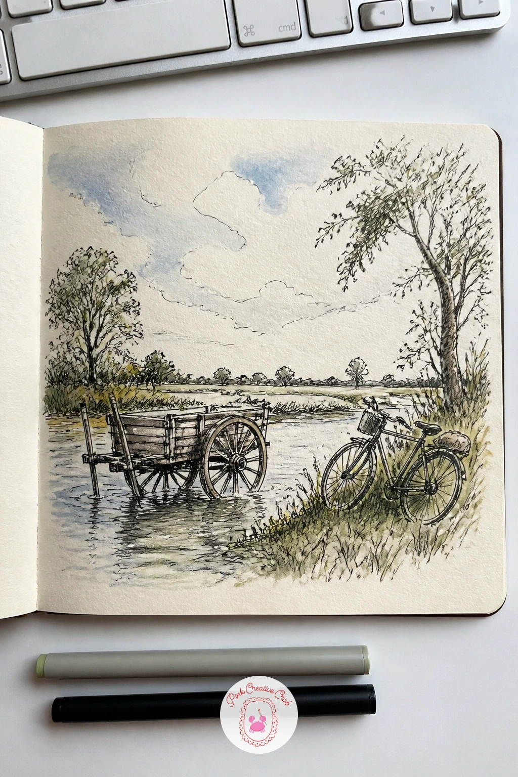 The Hay Wain With a Bicycle on the Bank — Constable's quiet river scene gets its calm from a low horizon and a wide sky, so lay out the page that way first: a
