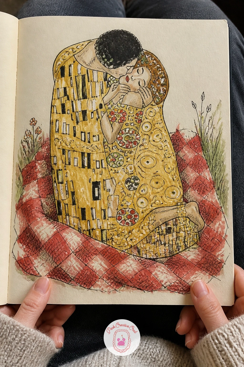 Klimt's The Kiss Wrapped in a Picnic Blanket — Klimt's gold leaf robes translate beautifully into gel pen, so this page rewards patience more than drawing