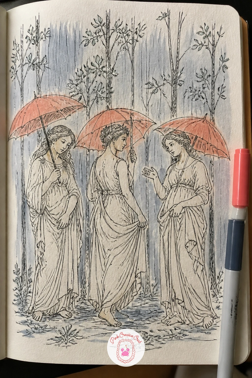 Botticelli's Spring With Umbrellas in the Rain — Primavera is packed with figures, so for a sketchbook page pick just three: the central goddess and two of the