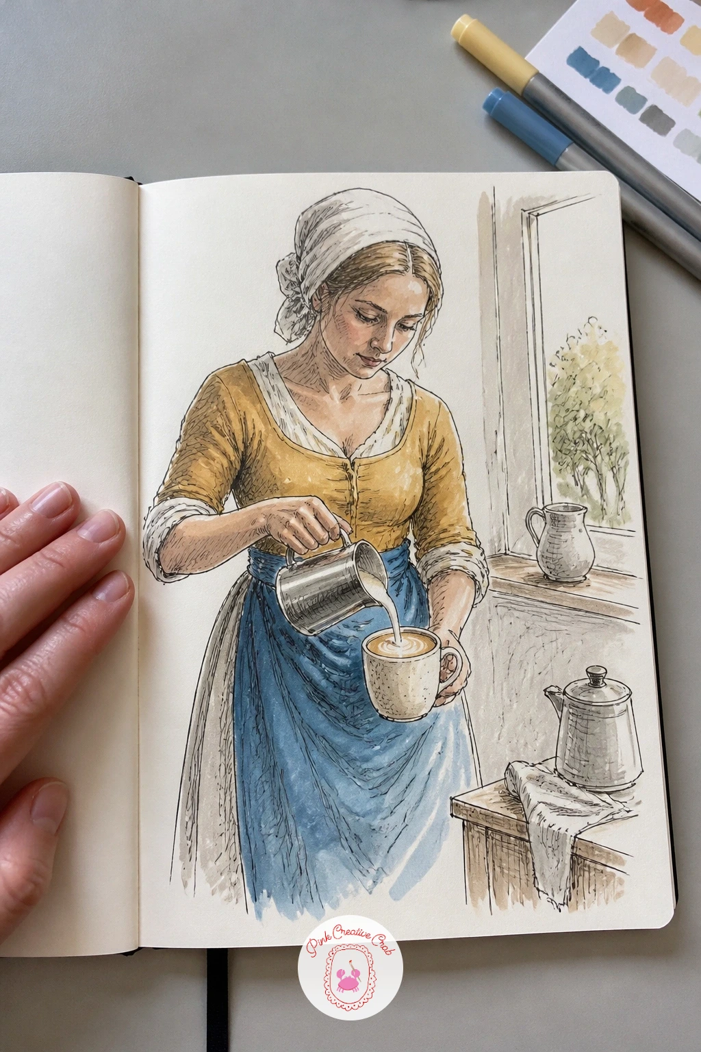 The Milkmaid Pouring a Latte — Vermeer's milkmaid is a lesson in quiet light, which makes her the page to slow down on and really study where the light falls.