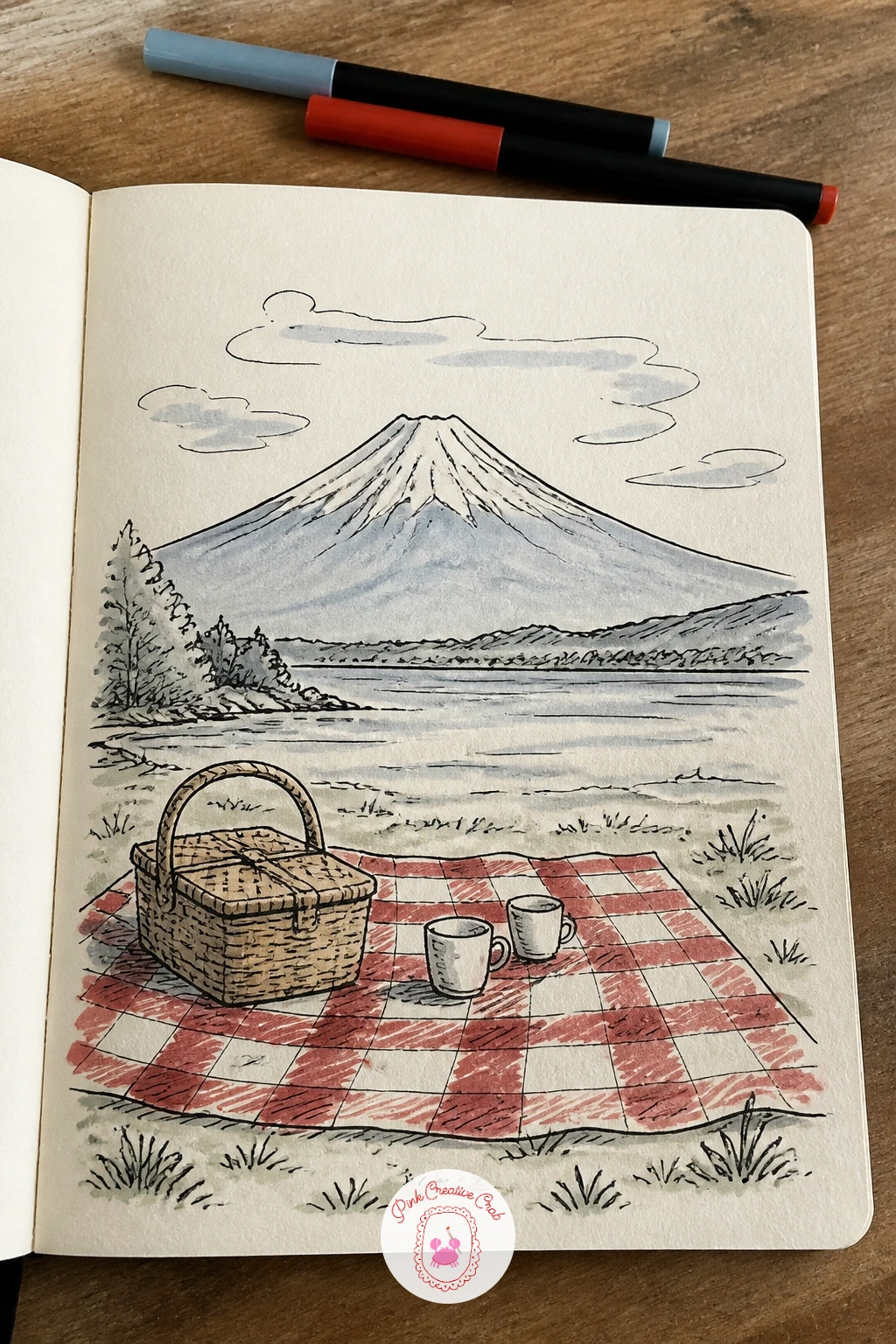 Hokusai's Mount Fuji With a Picnic in Front — After the careful light study, Fuji is a nice reset: a simple triangular peak with a dusting of snow at the top