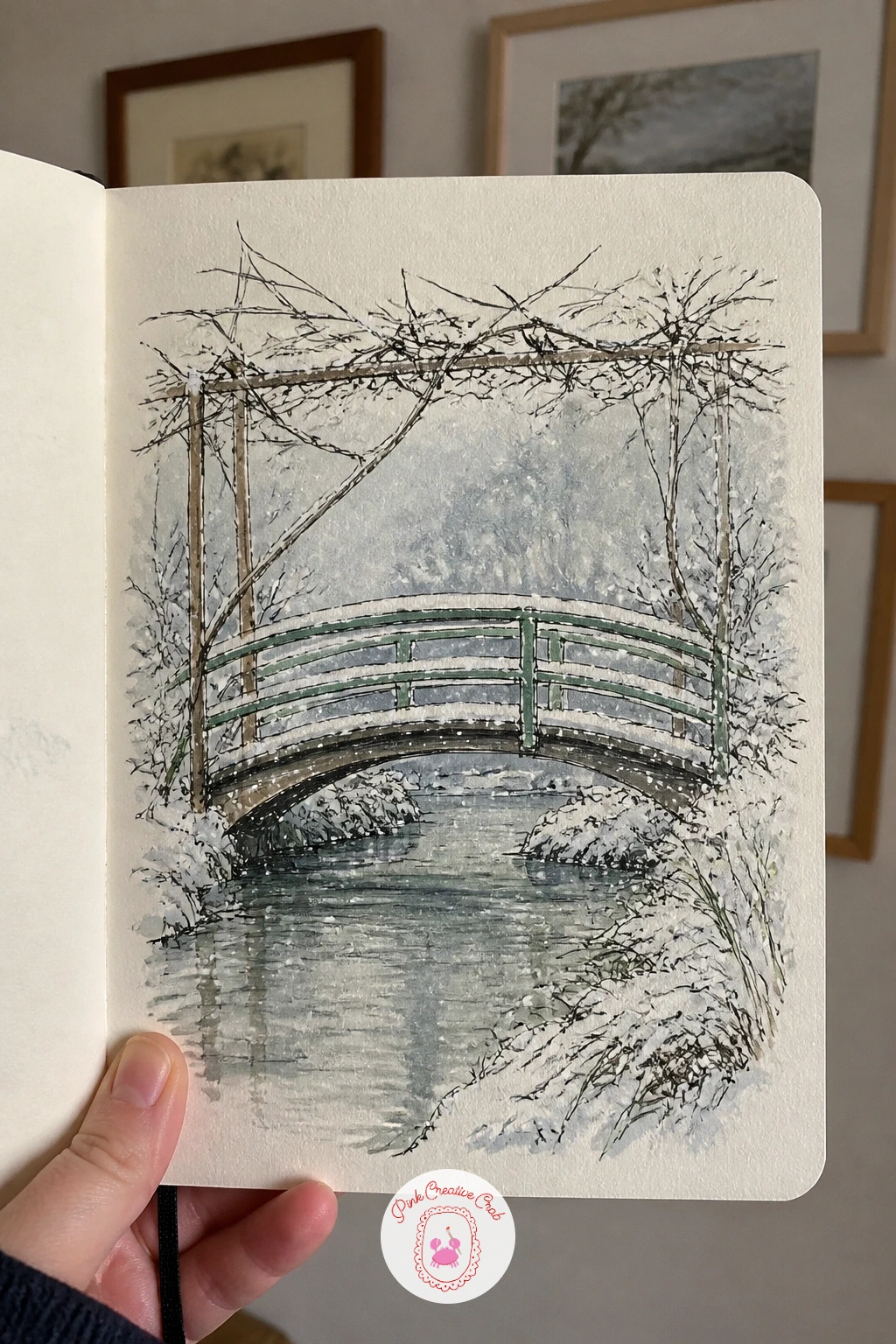 Monet's Garden Bridge in Winter Snow — Monet's green Japanese bridge is usually drowning in lily pads and warm light, so painting it under snow is mostly about