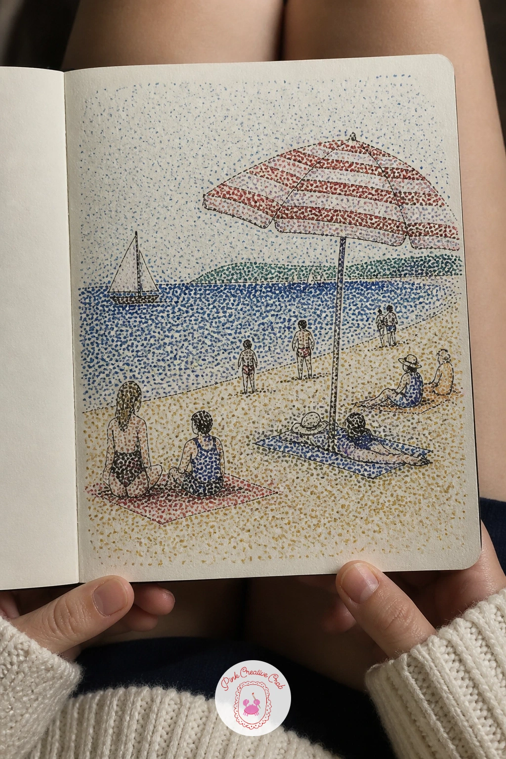 Seurat-Style Dots of a Beach Day — After a page of soft Renoir dabs, swing the other direction and try Seurat's full pointillist technique on a simple beach