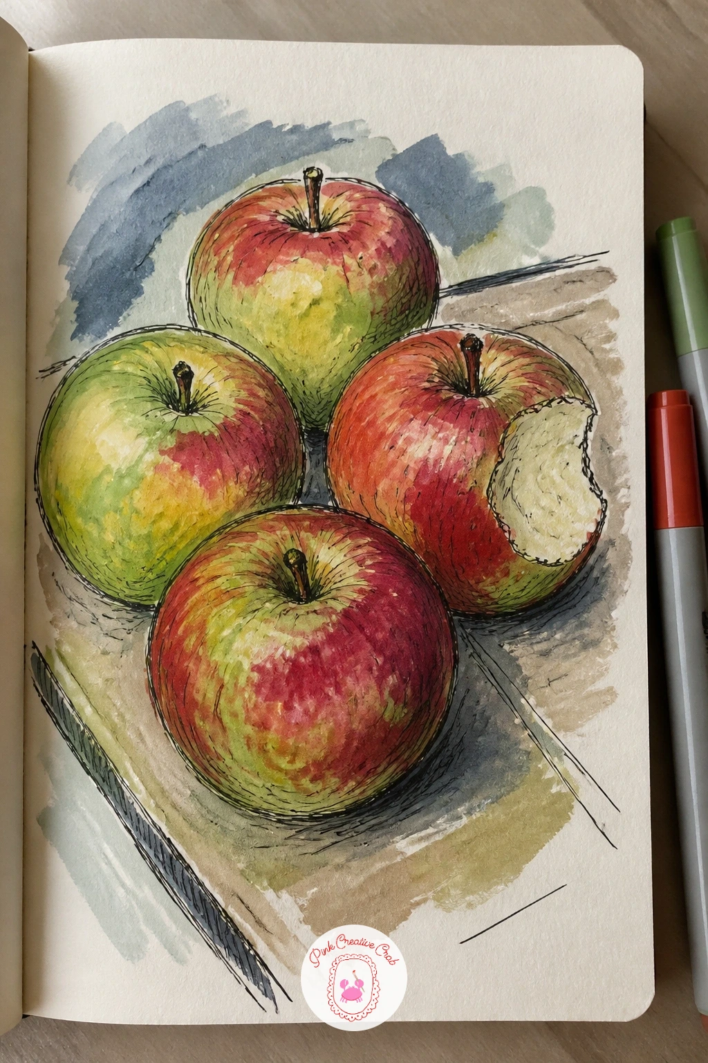 Cezanne's Apples With One Bite Taken — Cezanne painted the same bowl of apples over and over to study form and color, so this page is a quiet, structural