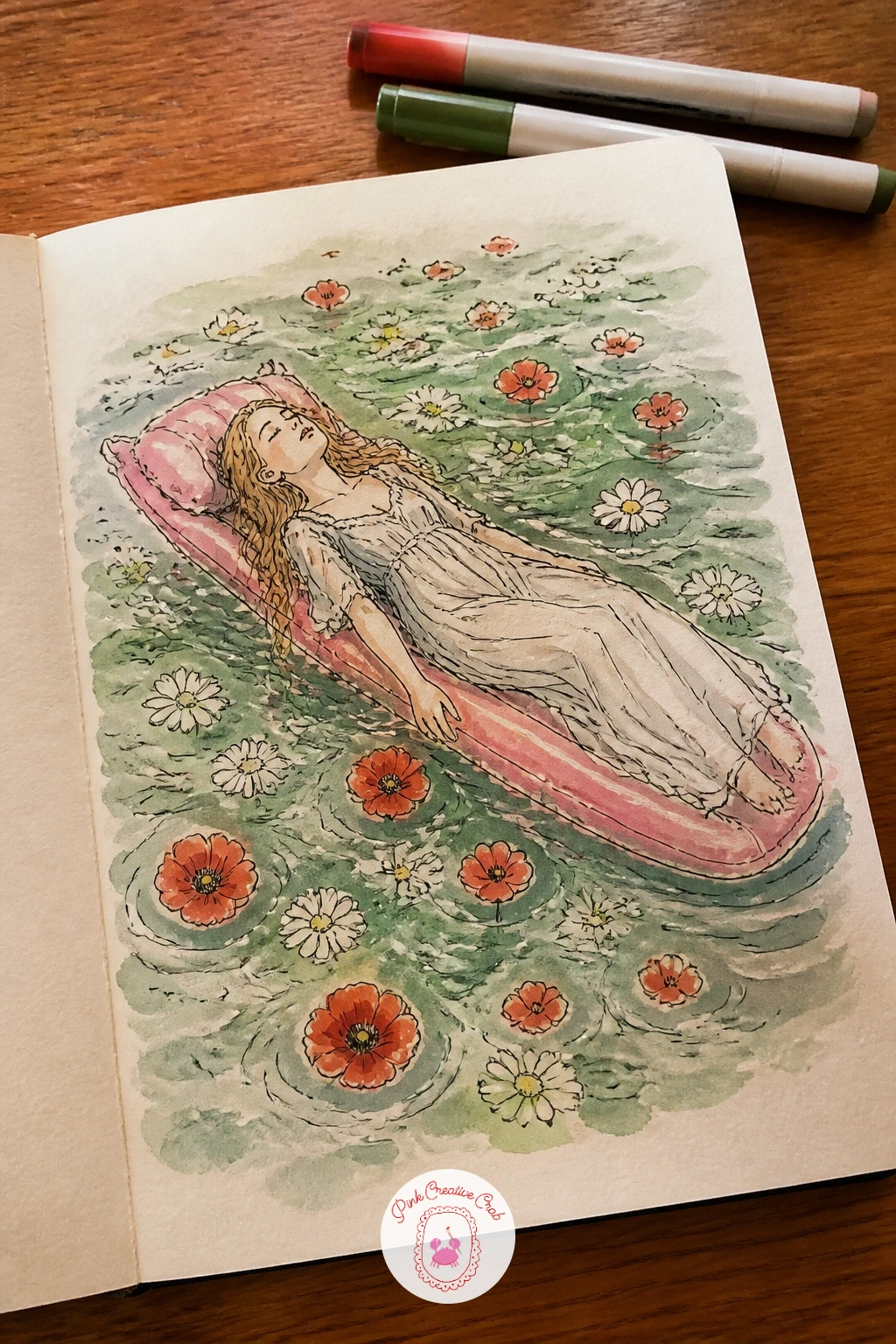 Ophelia Floating on a Lilo in a Pool of Flowers — Millais's Ophelia drifts among real river reeds and flowers, so keeping her floating but adding an inflatable