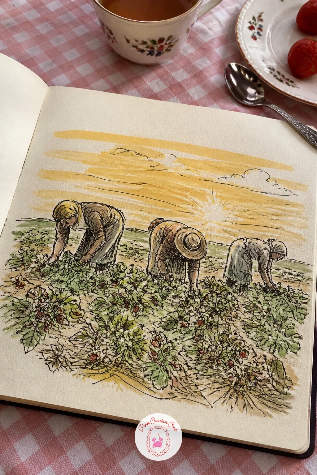 The Gleaners Picking Strawberries — Millet's gleaners bend low across a wheat field, so swapping their task for strawberry picking keeps the same gentle