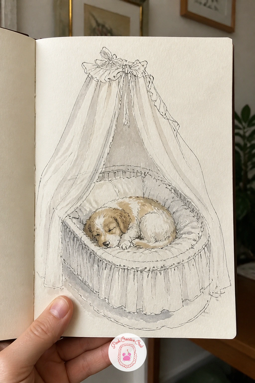Morisot's Cradle With a Sleeping Puppy — Berthe Morisot's The Cradle shows a mother gazing at a baby through sheer curtain fabric, so replacing the baby with a