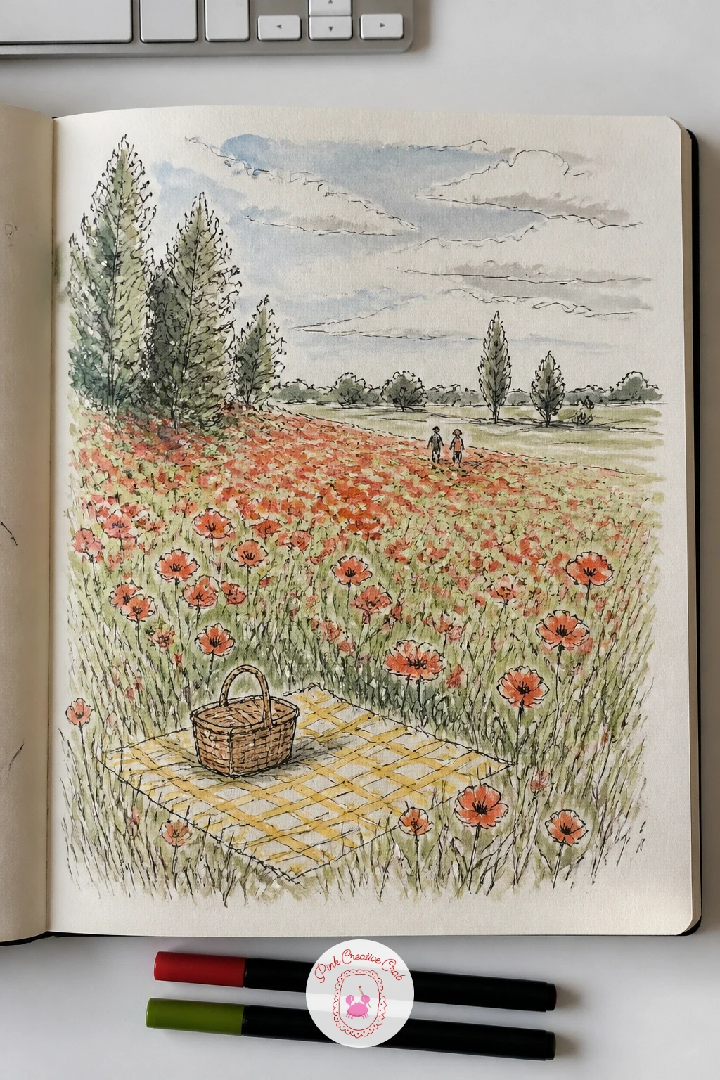 Monet's Poppy Field With a Picnic Blanket — Monet's poppy field is mostly texture and color rather than careful drawing, which makes it a relaxing, quick page