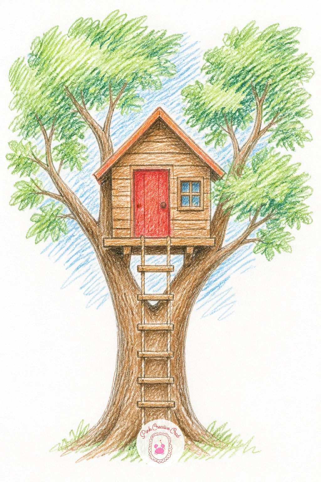 Treehouse With Rope Ladder and Red Door — Start with the simplest treehouse on this list: one round trunk, one boxy cabin perched where it forks, and a rope