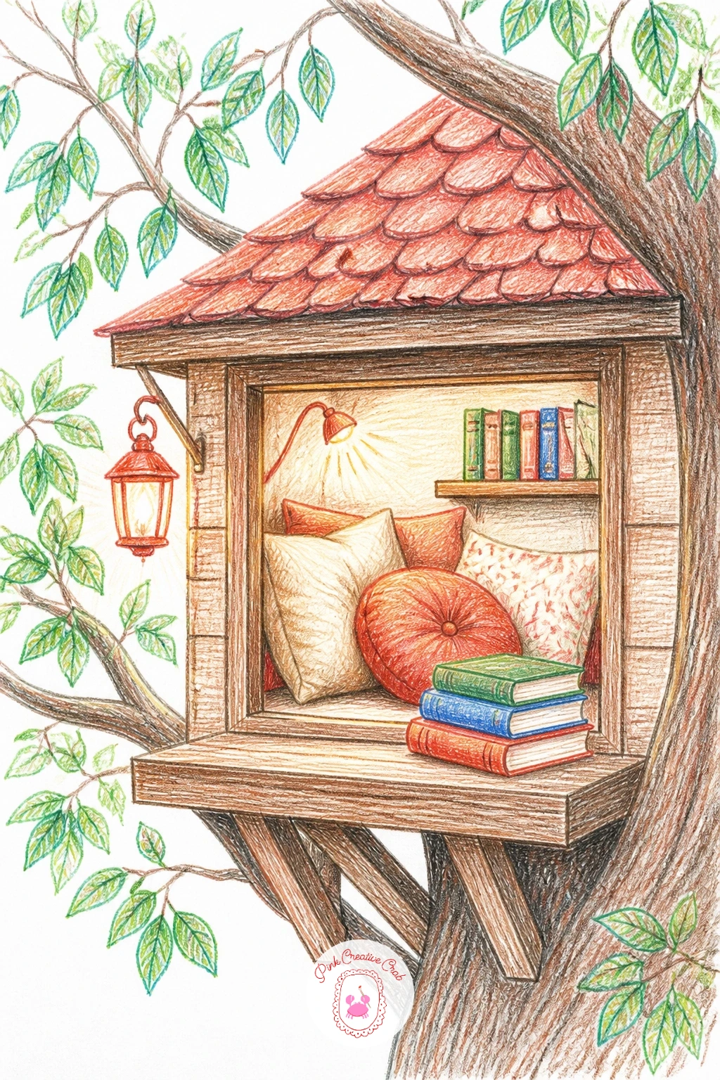 Treehouse Reading Nook With Cushions and Books — Give the last treehouse a cousin built for staying in rather than climbing out of: a reading nook with a big