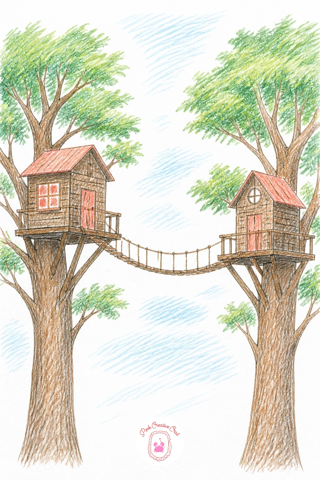Two Treehouses Joined by a Rope Bridge — Move up to a slightly bigger scene now: two separate treehouses, each in its own trunk, connected by a sagging rope