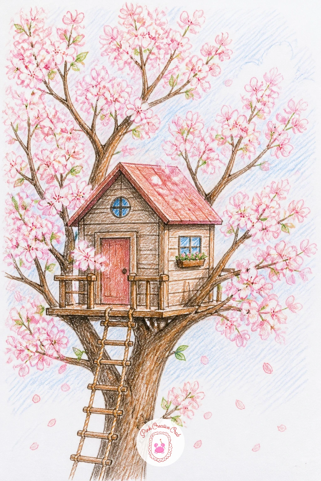 Treehouse in a Blossoming Cherry Tree — Swap the leafy canopy for something softer: a treehouse tucked into a cherry tree in full bloom, with pink blossom