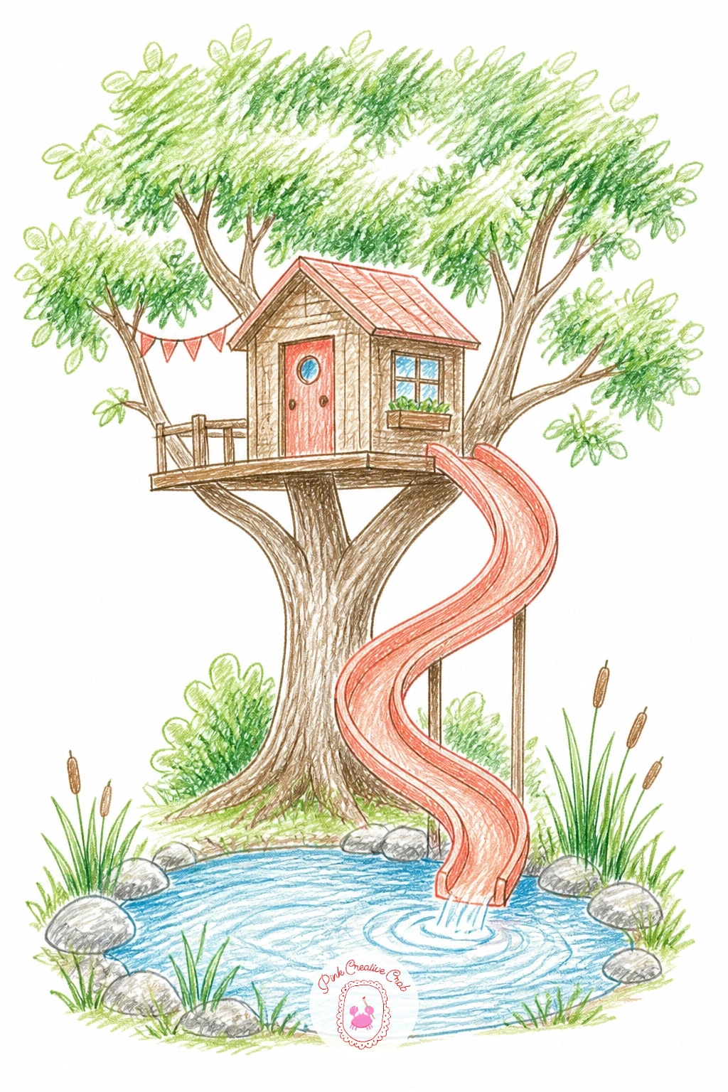 Treehouse With a Slide Down to a Pond — Here the eye needs somewhere to travel, so think about the path it takes before you draw a single line: house at the