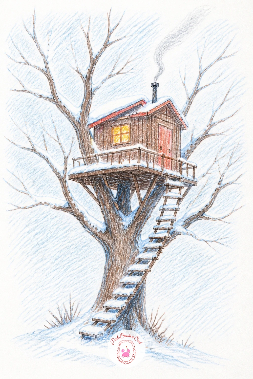 Treehouse in the Snow With a Smoking Chimney — Light comes from a different place in winter, and that is the whole trick of this one: keep the sky pale and let