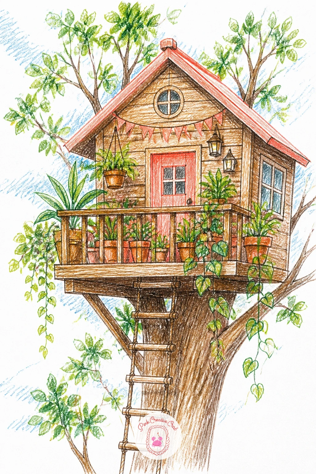 Treehouse With a Tiny Balcony and Plants — Give this treehouse a front porch in miniature: a small railed balcony crowded with potted plants, trailing vines
