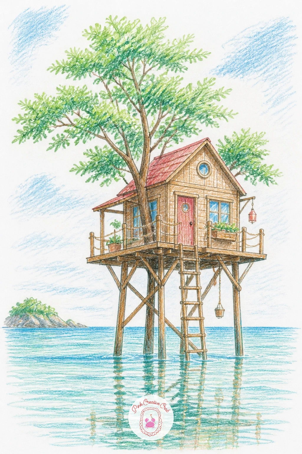 Treehouse on Stilts by the Sea — This one trades the tree for tall wooden stilts rising out of shallow water, so the eye level matters more than usual.