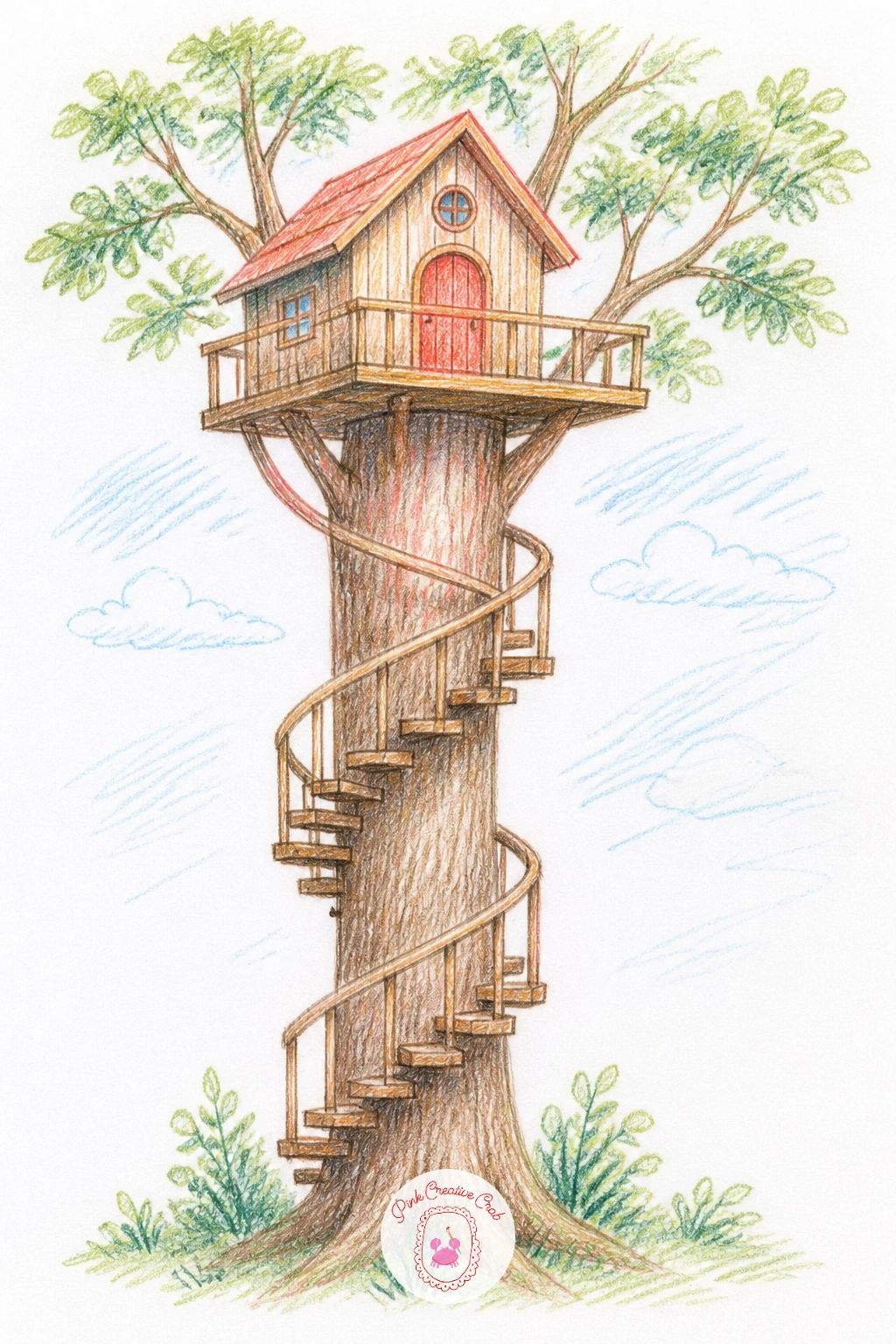 Treehouse With a Spiral Staircase Around the Trunk — Wrapping a staircase around a trunk is really an exercise in getting ellipses right, so start there: draw