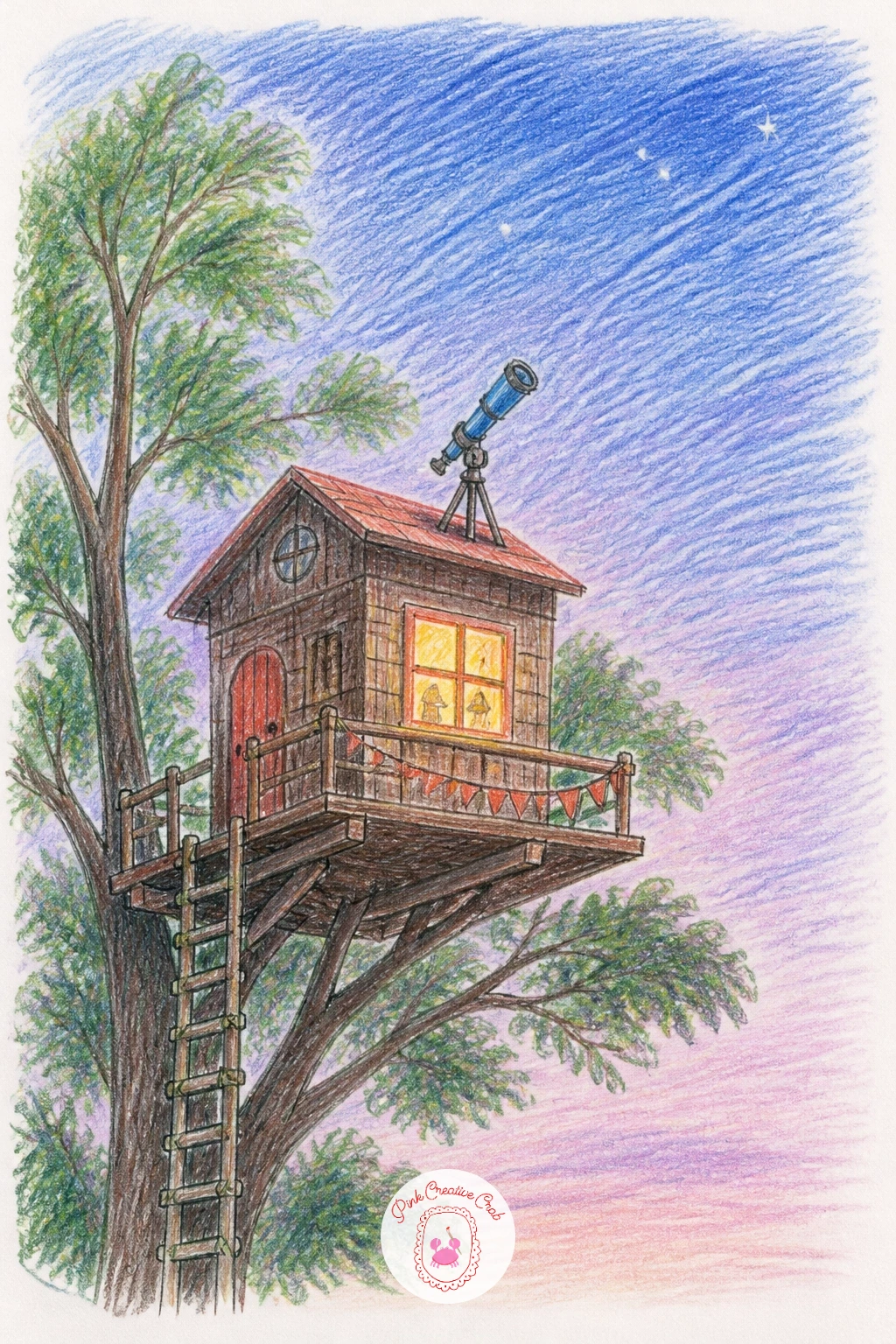Treehouse With a Telescope on the Roof — Point this one upward: a treehouse with a small telescope mounted on its roof, aimed at the sky rather than down at