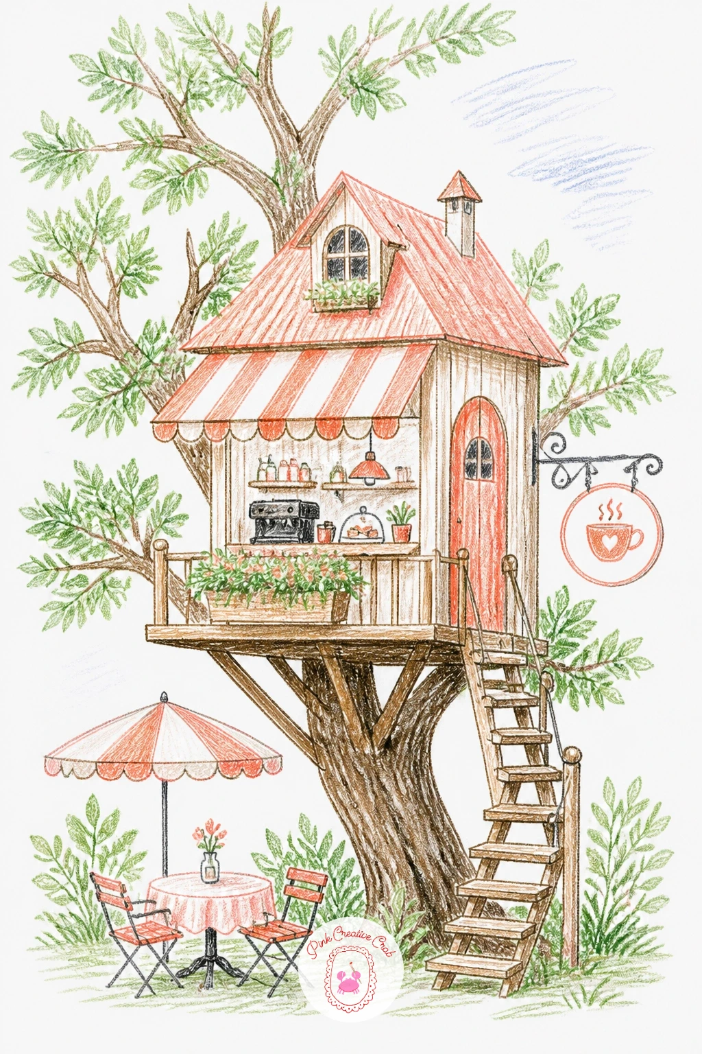 Treehouse Cafe in a Forest — Turn the treehouse into somewhere you could actually sit down for a coffee: a cafe with a hanging sign, a few outdoor tables on