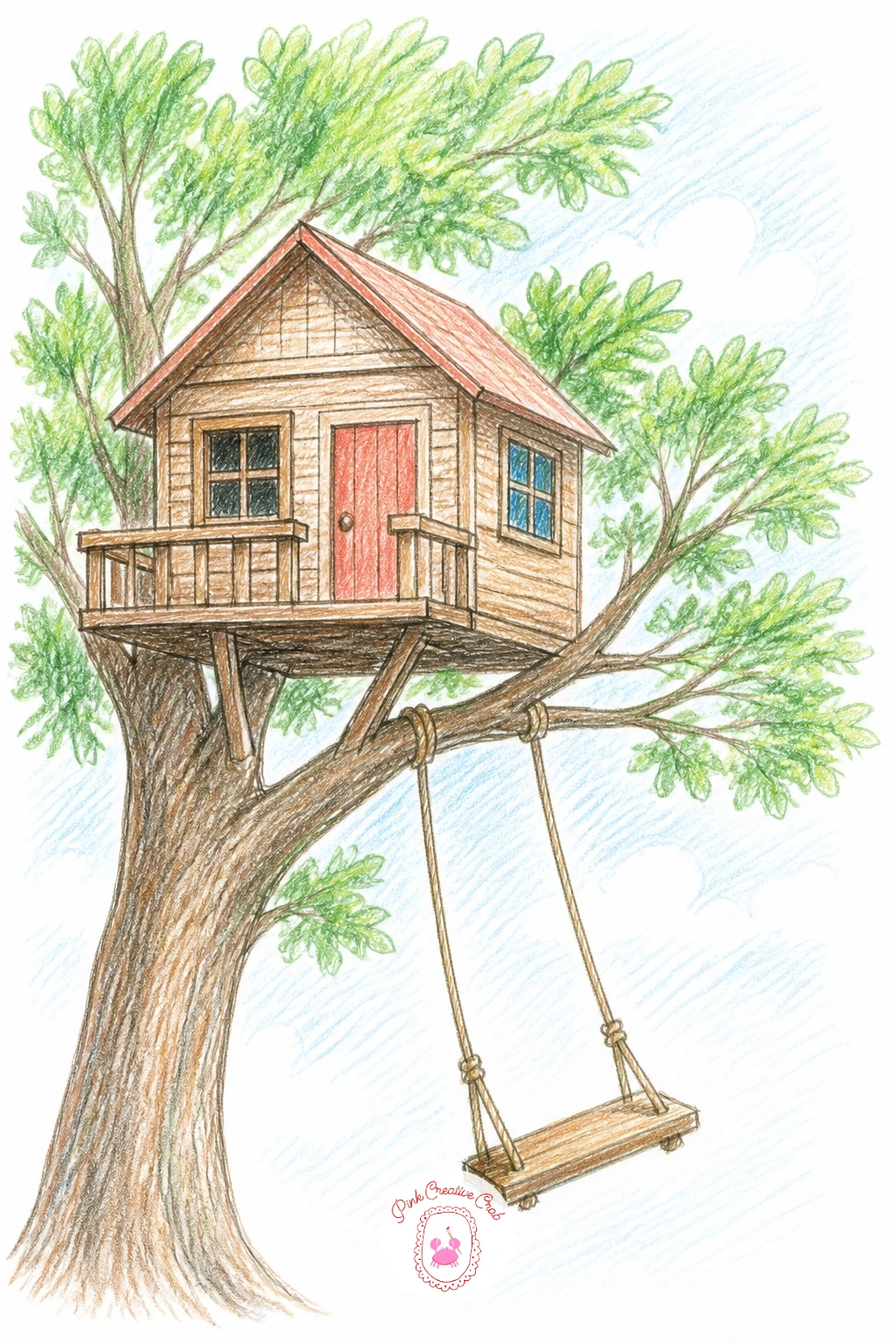 Treehouse With a Swing Hanging Below — Add motion to a still scene with a rope swing hanging from a thick branch below the house. Treehouse drawing