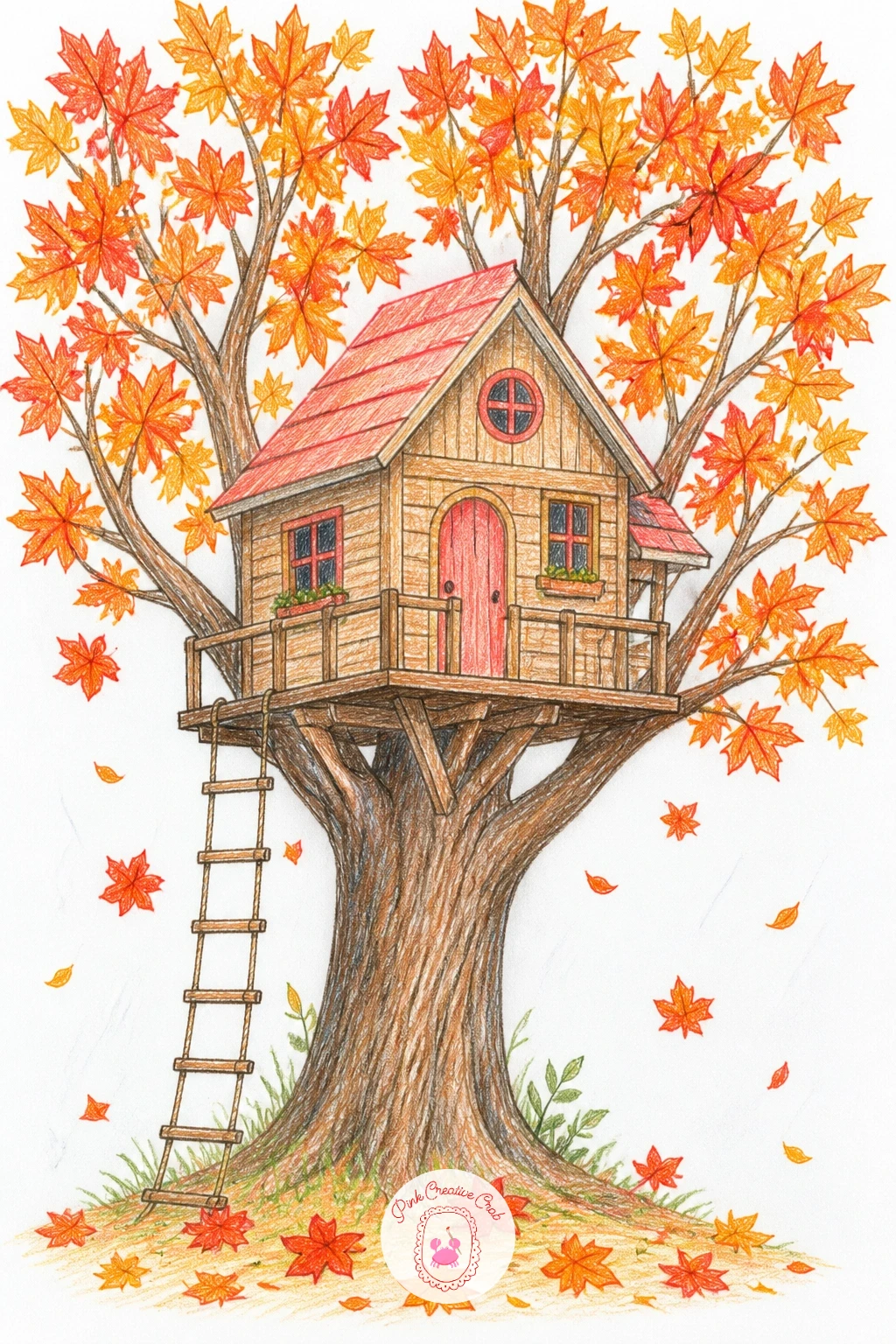 Treehouse in Autumn Leaves — Trade the usual green canopy for a tree in full autumn color, orange, red and gold leaves scattered both on the branches and